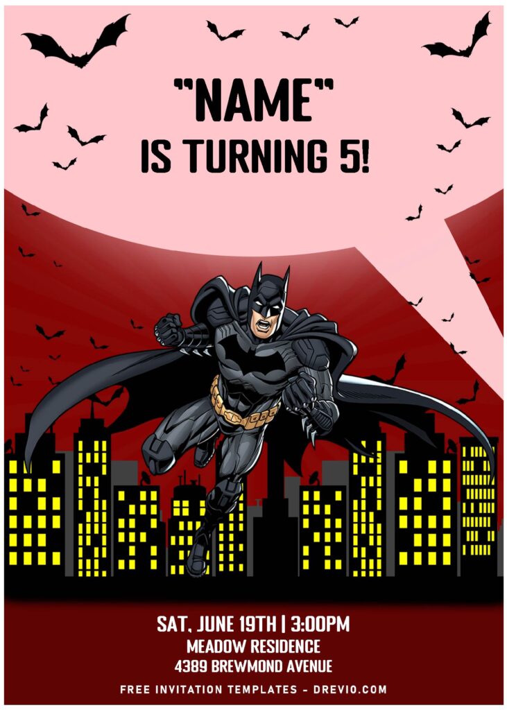 (Free Editable PDF) Awesome Gotham City Batman Birthday Invitation Templates with Gotham City's silhouette
