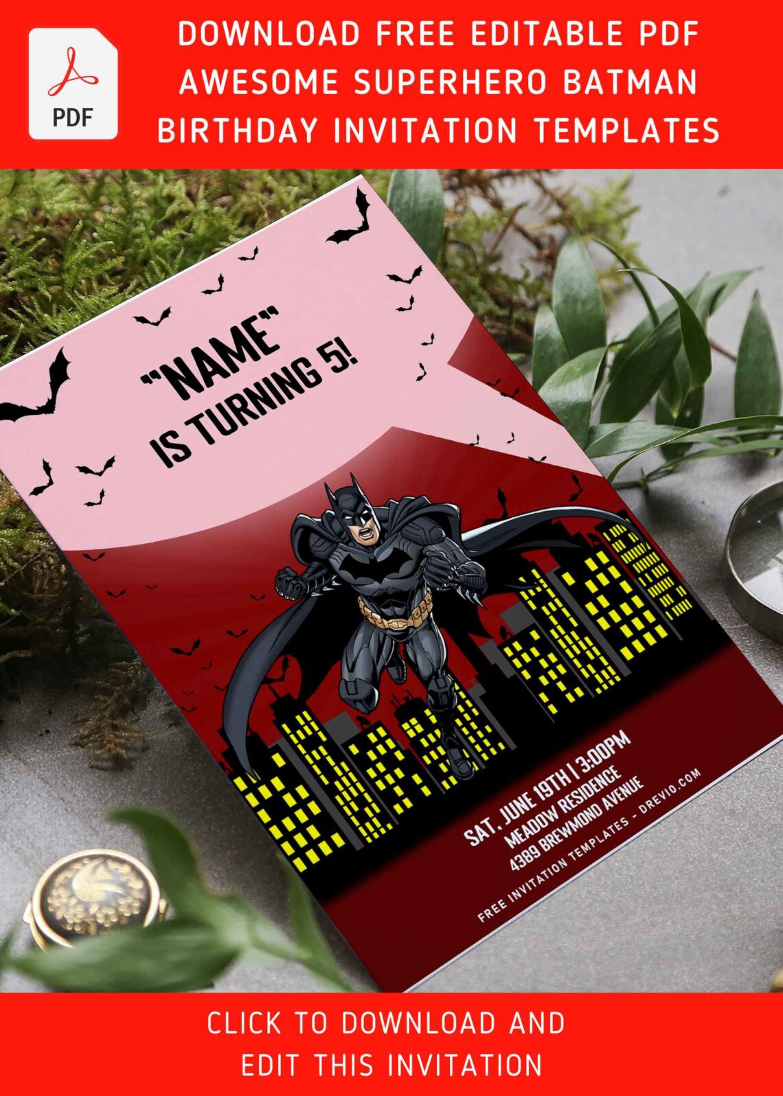 (Free Editable PDF) Awesome Gotham City Batman Birthday Invitation Templates with dark sunray background
