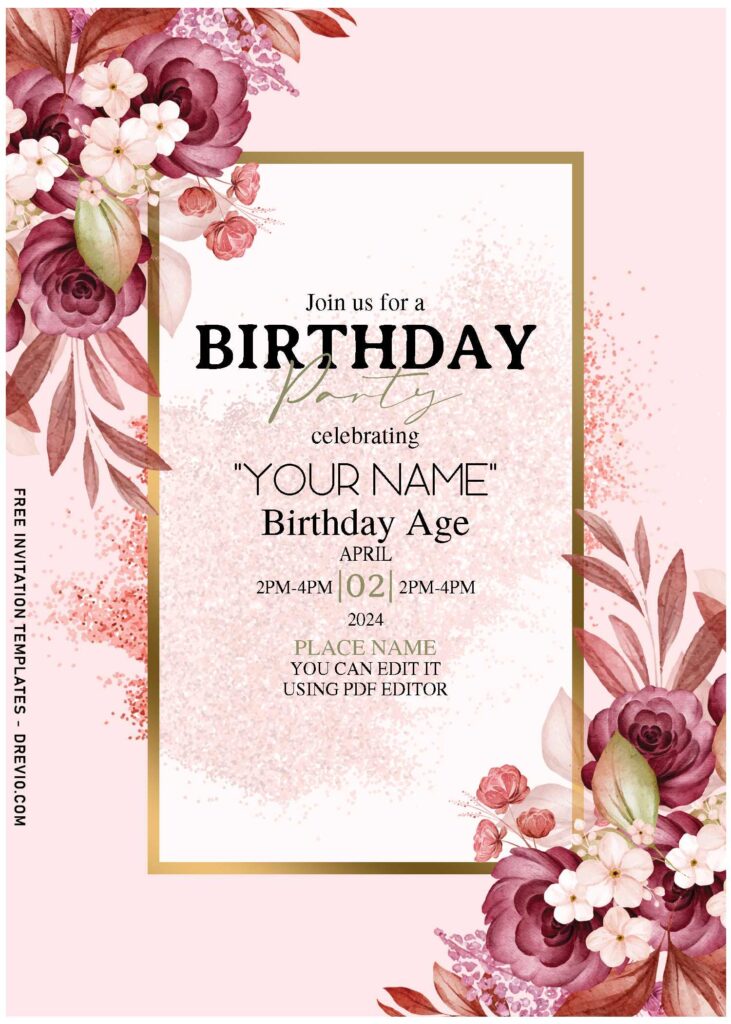 (Free Editable PDF) Floral Romance Birthday Invitation Templates with roses