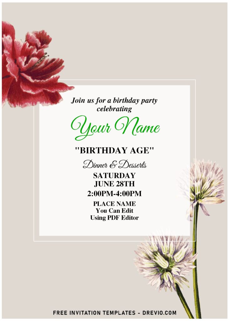 (Free Editable PDF) Whimsical Garden Romance Birthday Invitation Templates with watercolor carnation flowers