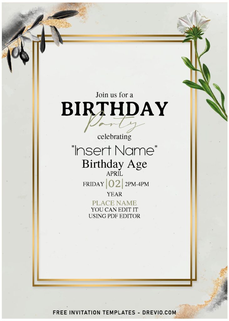 (Free Editable PDF)) Delicate Glitter Gold Willow And Spring Flowers Invitation Templates with greenery leaves
