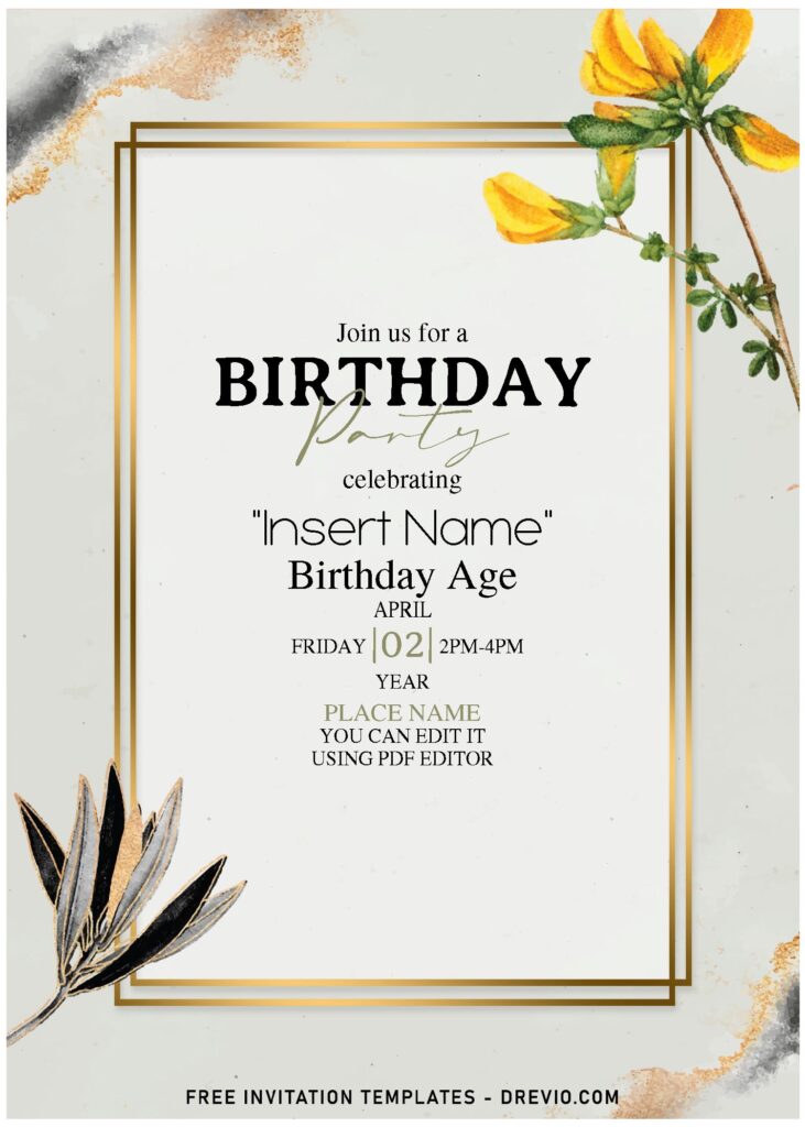(Free Editable PDF)) Delicate Glitter Gold Willow And Spring Flowers Invitation Templates with metallic faux gold asymmetric frame