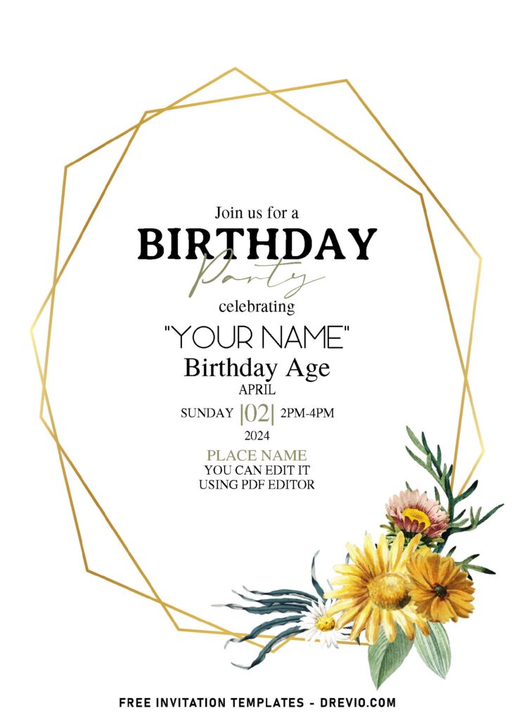 (Free Editable PDF) Brilliant Summer Fresh Flowers Birthday Invitation Templates with gold geometric frame