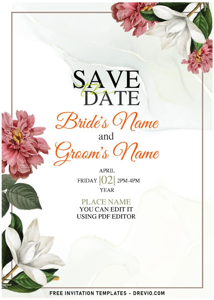 (Free Editable PDF) Classy Garden Rose & White Magnolia Invitation Templates