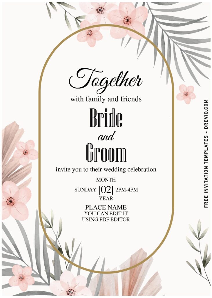(Free Editable PDF) Modest Chic Pampas Grass And Floral Invitation Templates with blush white background