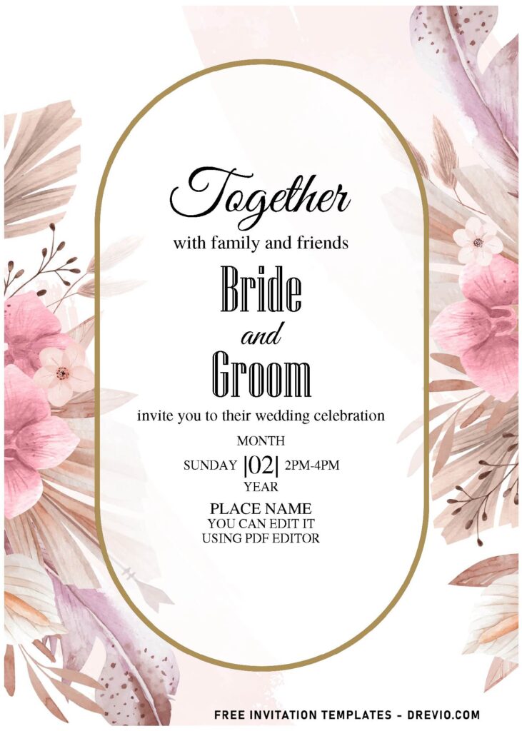 (Free Editable PDF) Modest Chic Pampas Grass And Floral Invitation Templates with elegant script