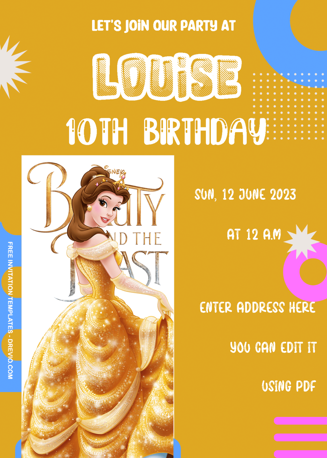 ( Free Editable PDF ) Princess Belle Birthday Invitation Templates One