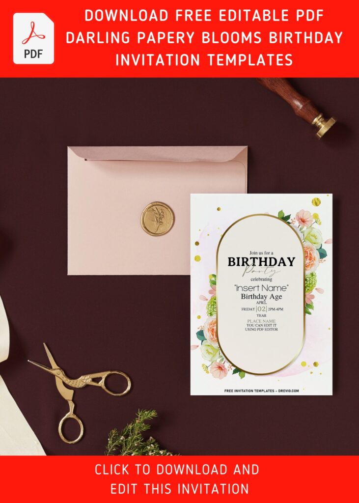 (Free Editable PDF) Darling Papery Blooms Birthday Invitation Templates with elegant frame