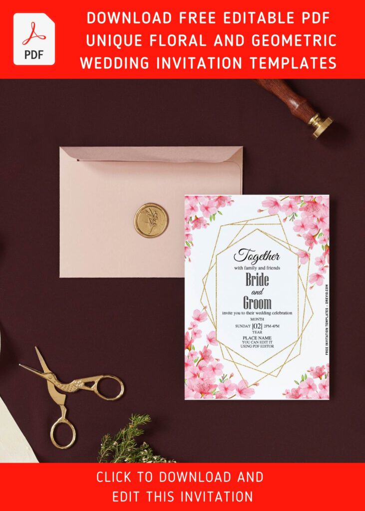 (Free Editable PDF) Unique Floral And Geometric Wedding Invitation Templates with Pink floral frame