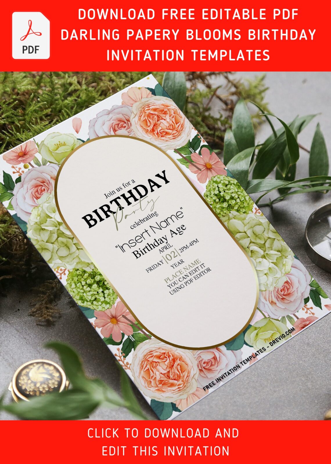 (Free Editable PDF) Darling Papery Blooms Birthday Invitation Templates with watercolor white poppy