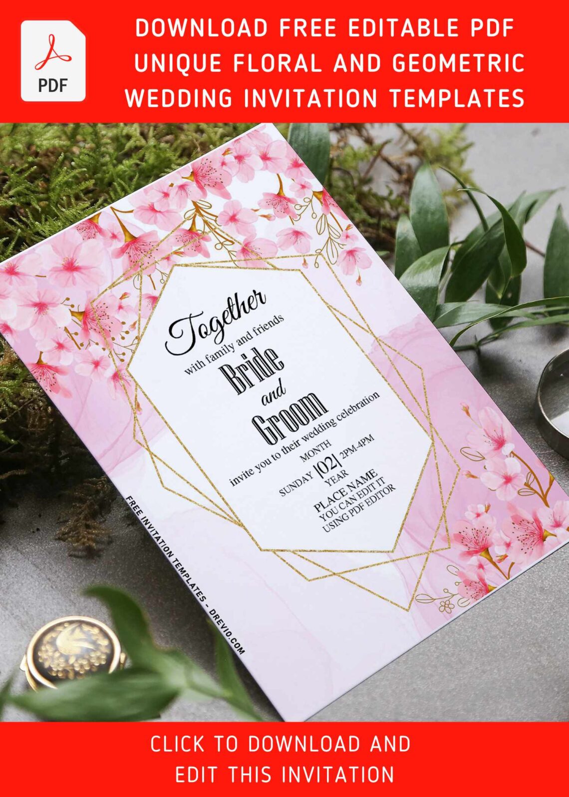 (Free Editable PDF) Unique Floral And Geometric Wedding Invitation Templates with enchanting pink Sakura
