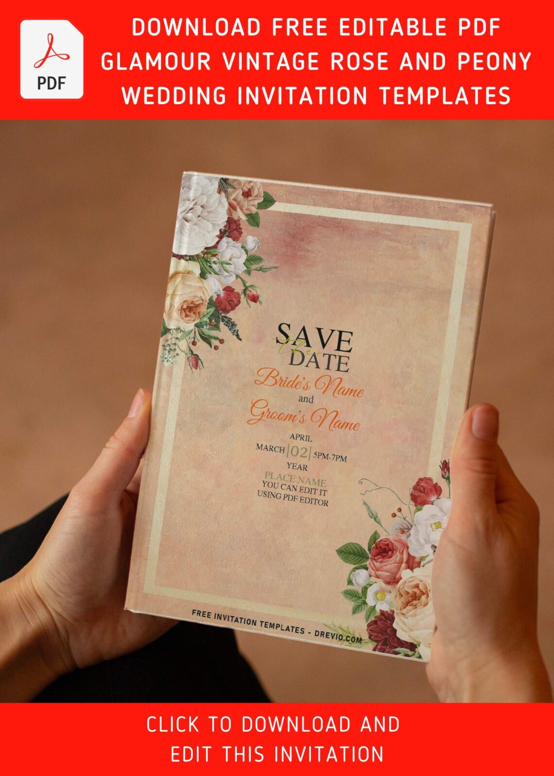 (Free Editable PDF) Passionate Romantic Rose Wedding Invitation Templates with editable text