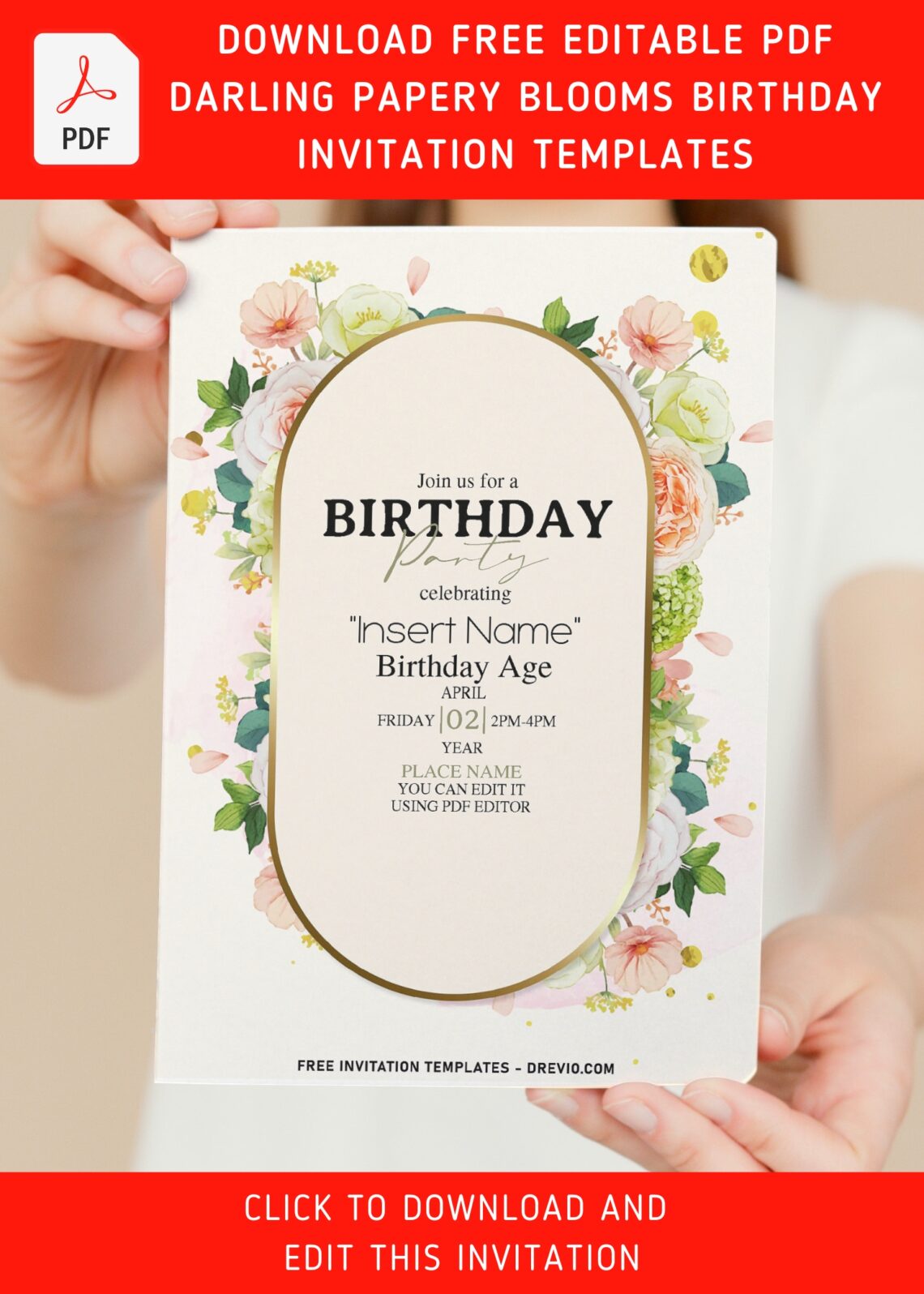 (Free Editable PDF) Darling Papery Blooms Birthday Invitation Templates with editable text