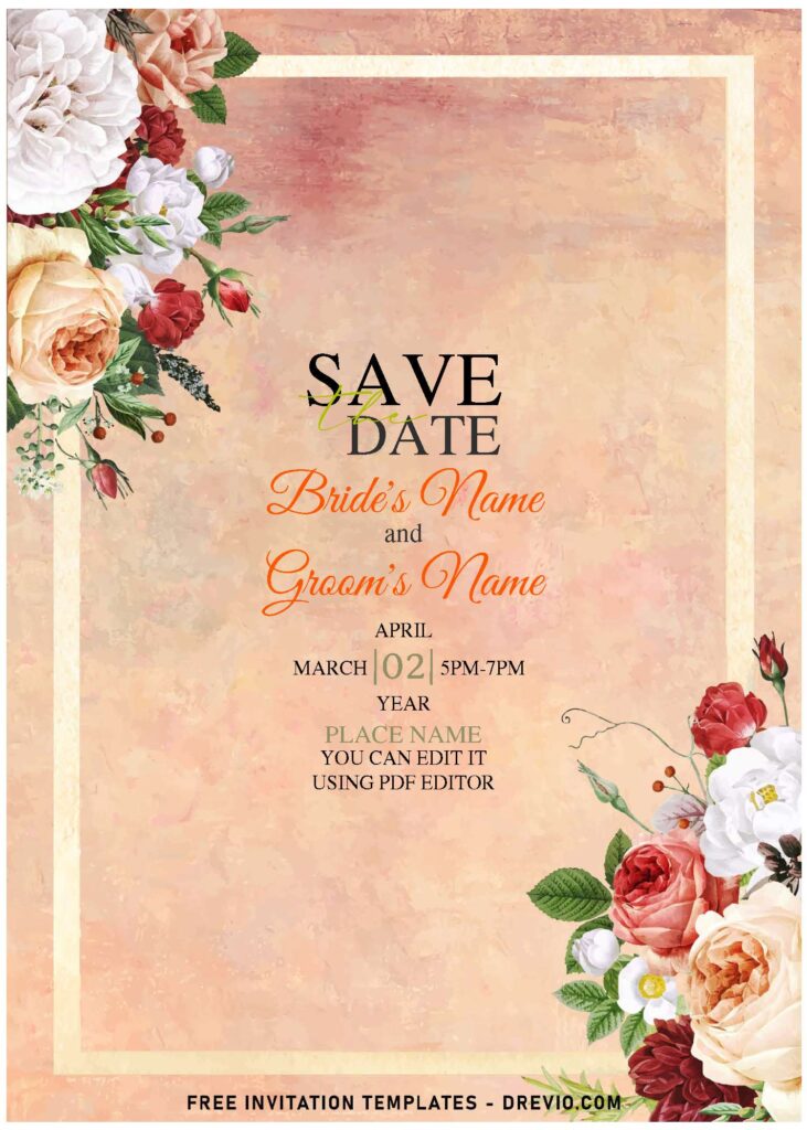 (Free Editable PDF) Passionate Romantic Rose Wedding Invitation Templates with paper grain textured background