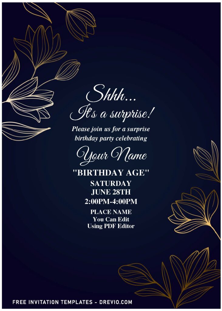 Invitation Template of (Free Editable PDF) Fancy Navy Blue And Floral Gold Invitation Templates 1