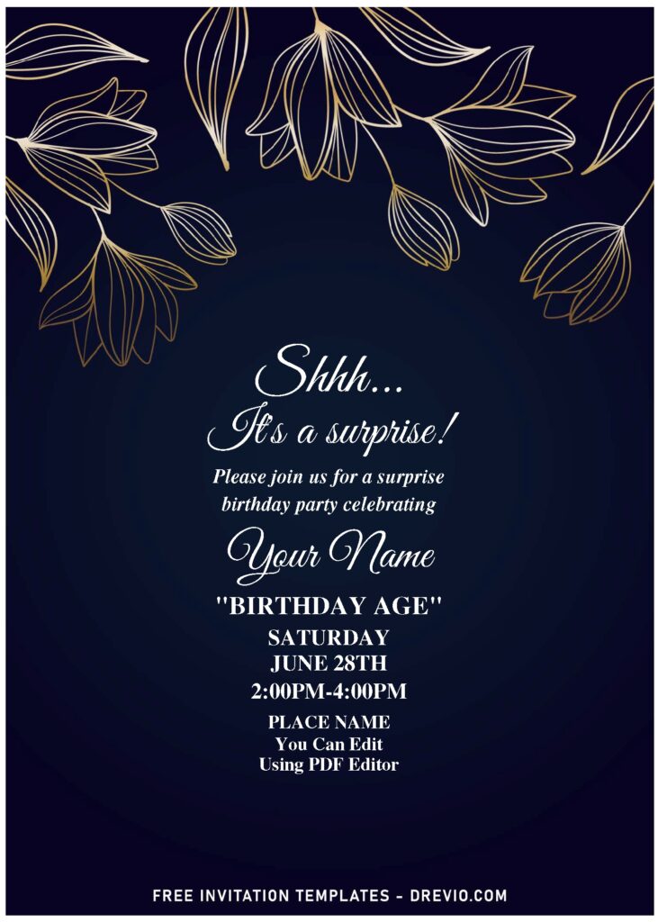 Invitation Template of (Free Editable PDF) Fancy Navy Blue And Floral Gold Invitation Templates 2