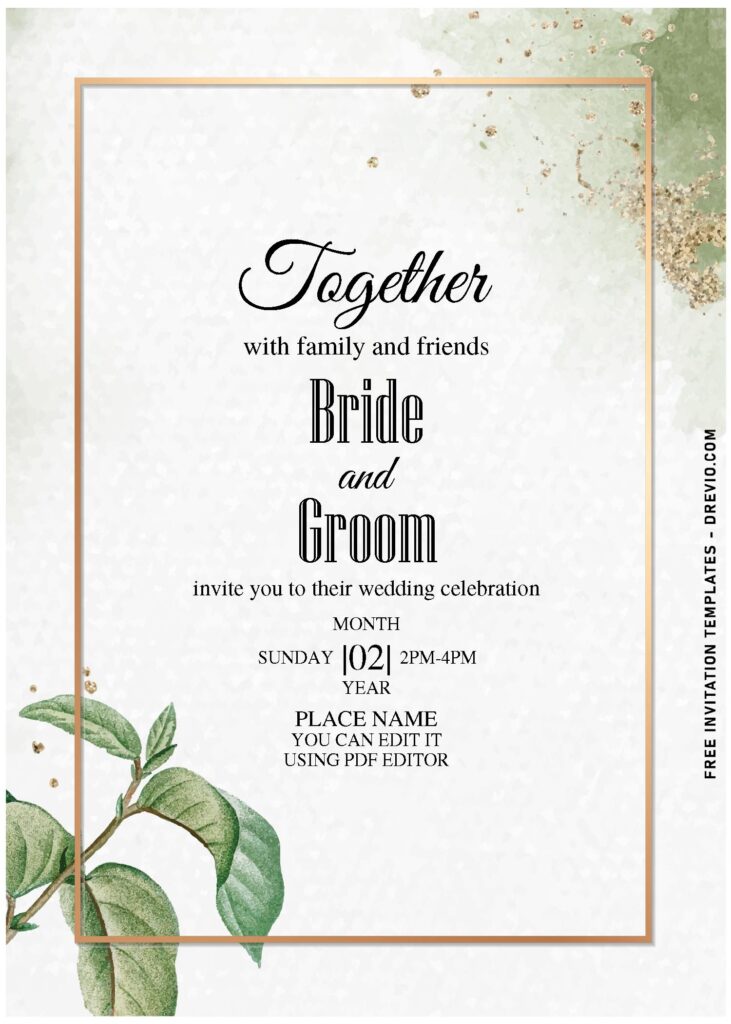 (Free Editable PDF) Classy Earthy Romance Greenery Wedding Invitation Templates with gold frame