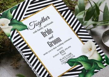 (Free Editable PDF) Urban Glamour Stripe And Gold Wedding Invitation Templates with stunning watercolor lily