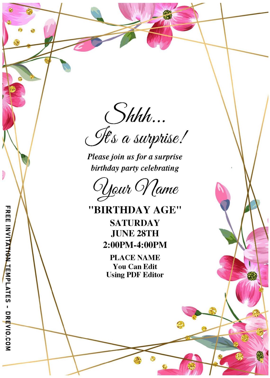 (Free Editable PDF) Whimsical Spring In Pink Dogwood Birthday Invitation Templates with gold geometric frame