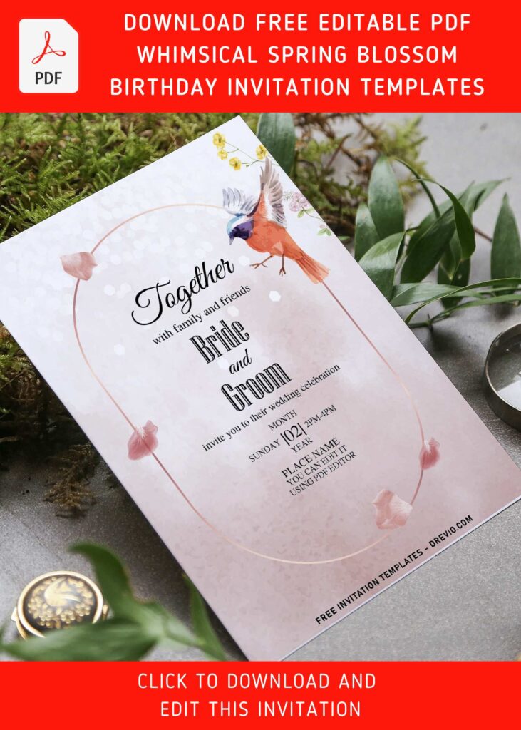 (Free Editable PDF) Whimsical Spring Blossom Wedding Invitation Templates with aesthetic flower petals