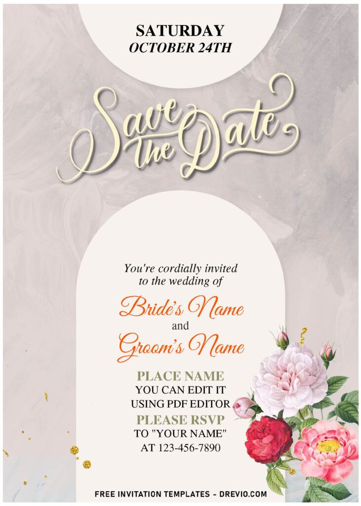 (Free Editable PDF) Romantic Sweet Blush Floral Edge Wedding Invitation Templates with watercolor roses