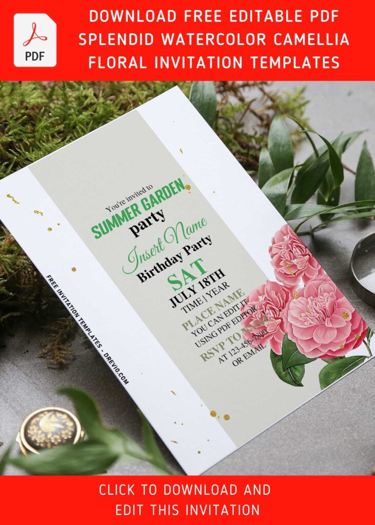 (Free Editable PDF) Fabulous Spring Watercolor Camellia Birthday Invitation Templates with modern floral decorations