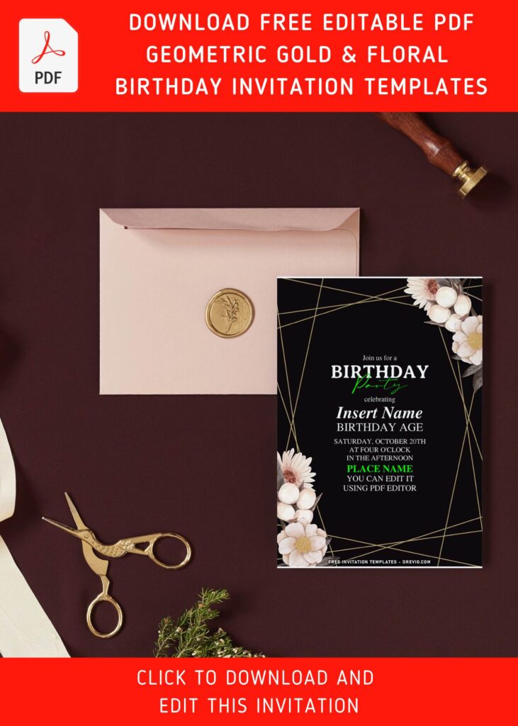 (Free Editable PDF) Glamorous Gold Geometric And Floral Birthday Invitation Templates with white daisy