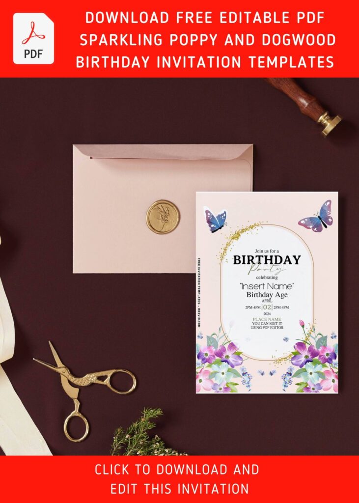 (Free Editable PDF) Cheerful Bright Poppy And Dogwood Birthday Invitation Templates with magical butterflies