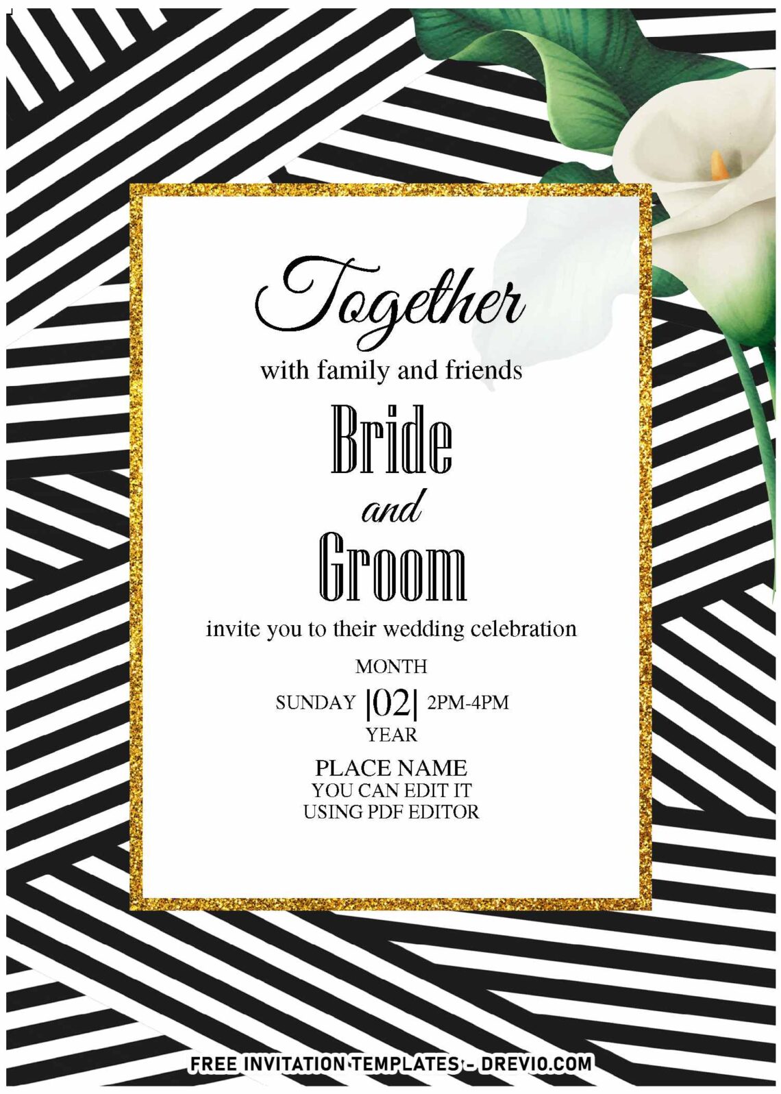 (Free Editable PDF) Urban Glamour Stripe And Gold Wedding Invitation Templates with black and white ribbon stripes background