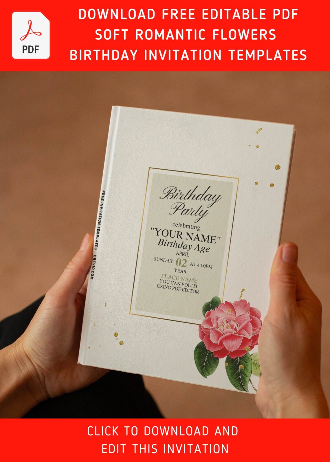 (Free Editable PDF) Sweet Romantic Camellia Minimalist Birthday Invitation Templates with lovely pink camellia flowers