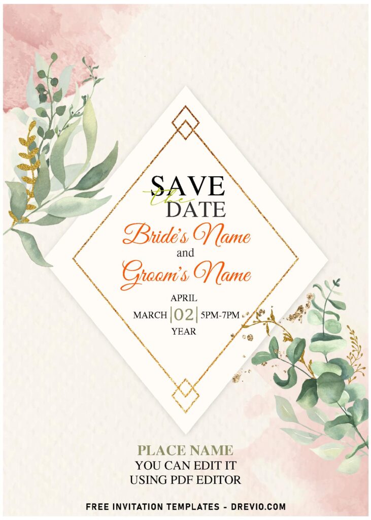 (Free Editable PDF) Truly Elegant Botanical Gold & Green Foliage Invitation Templates with stunning glitter gold rhombus shaped frame