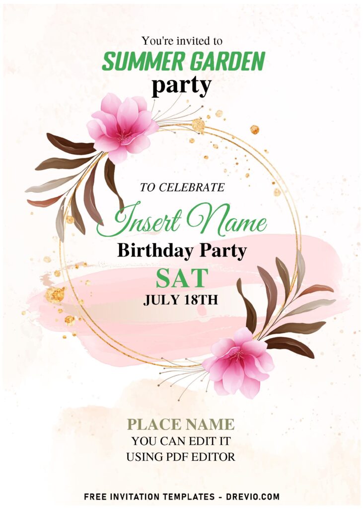 (Free Editable PDF) Perpetual Summer Garden Soiree Birthday Invitation Templates with gold geometric frame