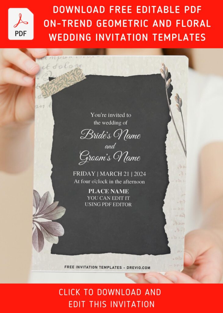 (Free Editable PDF) On-Trend Geometric Shape And Floral Wedding Invitation Templates with aesthetic duct tape