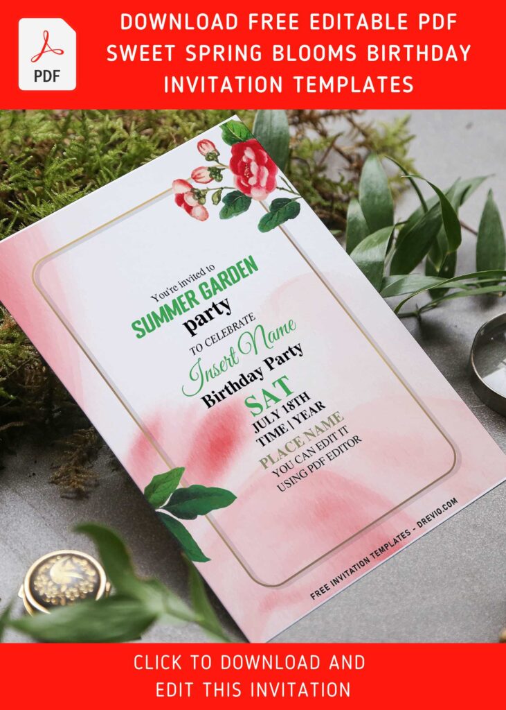 (Free Editable PDF) Sweet Spring Blooms Birthday Soiree Invitation Templates with green leaves