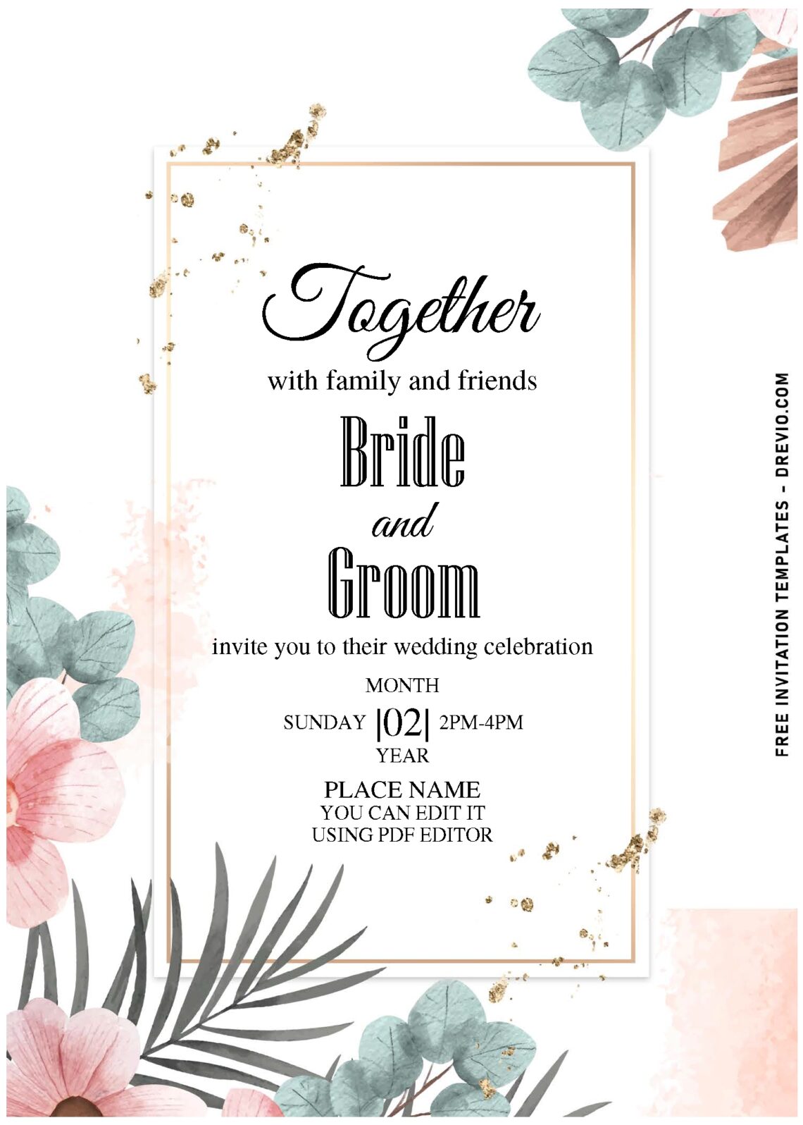 (Free Editable PDF) Dried Lunaria And Pampas Grass Boho Invitation Templates with sparkly gold glitters