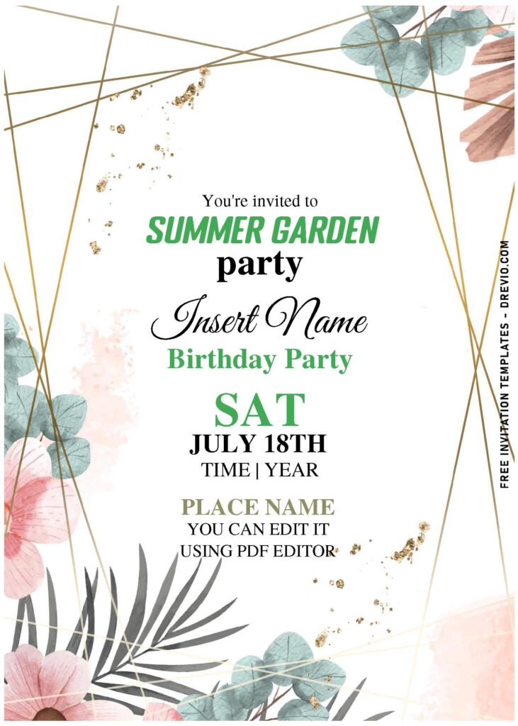 (Free Editable PDF) Rose Gold Boho Floral And Greenery Invitation Templates with sparkling gold geometric pattern