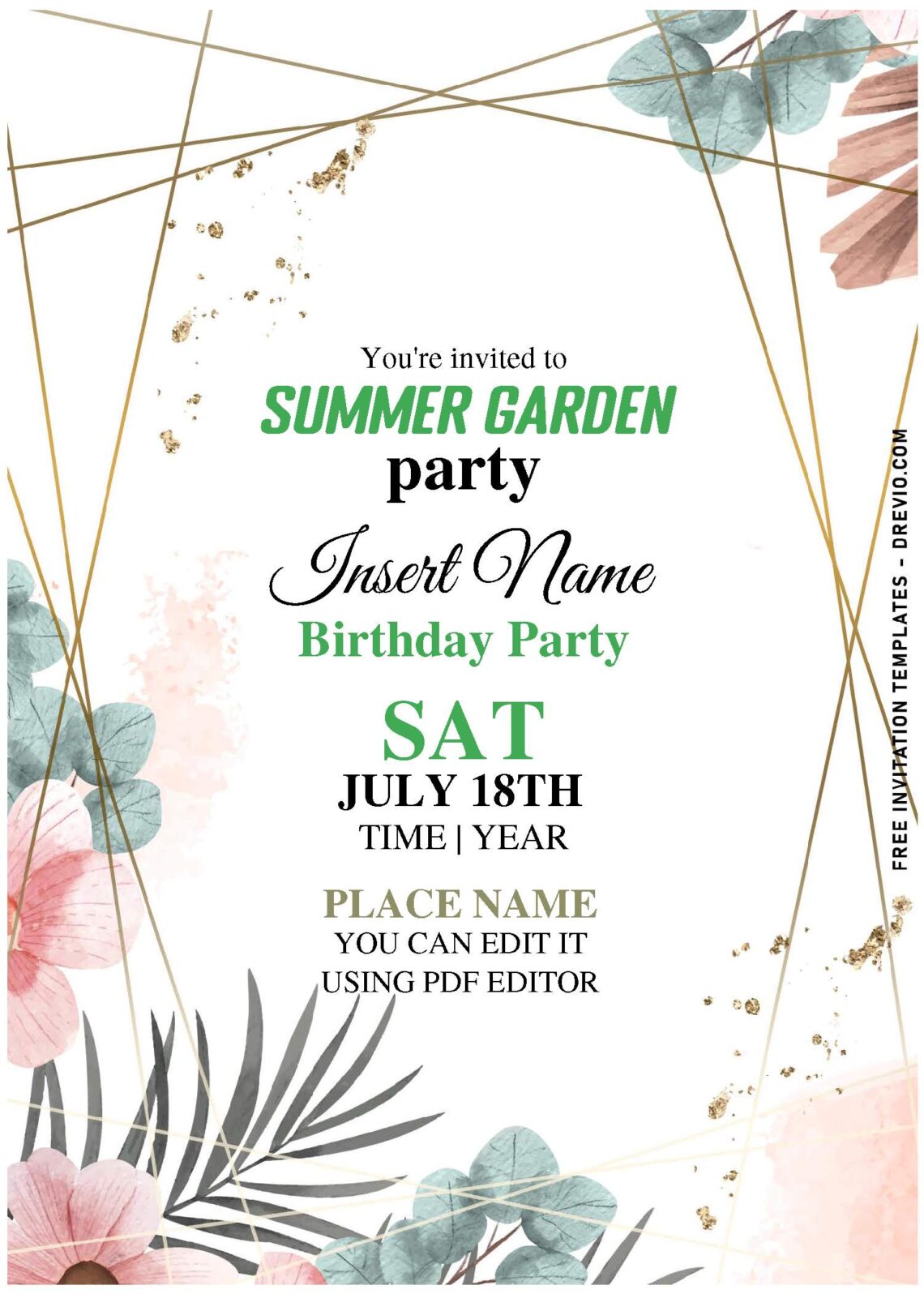 (Free Editable PDF) Rose Gold Boho Floral And Greenery Invitation Templates with gold geometric frame