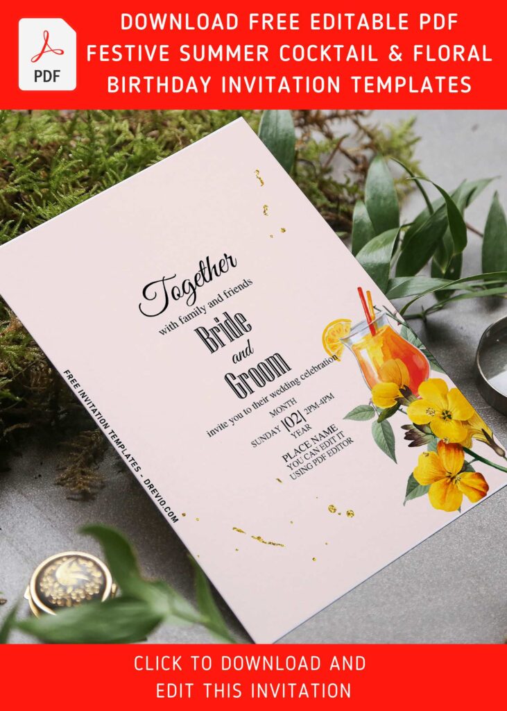 (Free Editable PDF) Festive Summer Soiree Floral & Cocktail Invitation Templates with bright poppy pod flowers