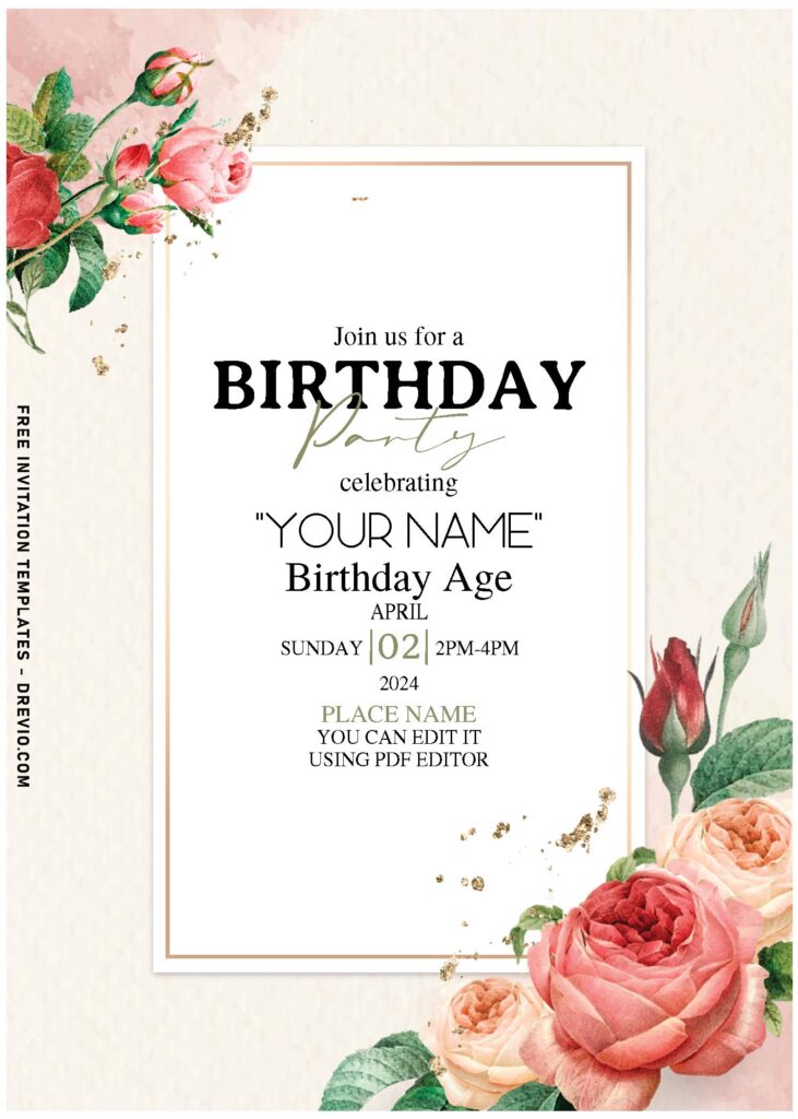 (Free Editable PDF) Classy Sparkly Gold And Greenery Birthday Invitation Templates with lovely rose