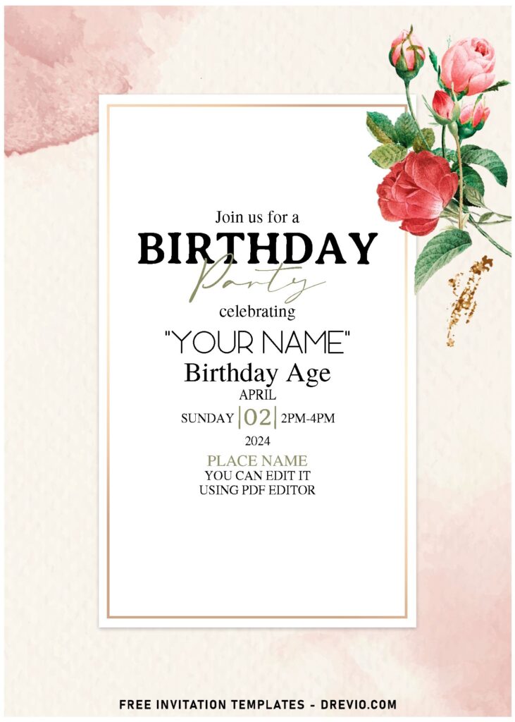 (Free Editable PDF) Classy Sparkly Gold And Greenery Birthday Invitation Templates with elegant rustic watercolor background
