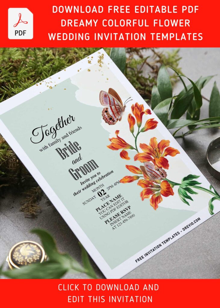 (Free Editable PDF) Heavenly Stunning Colorful Flowers Wedding Invitation Templates with aesthetic gold sparkles