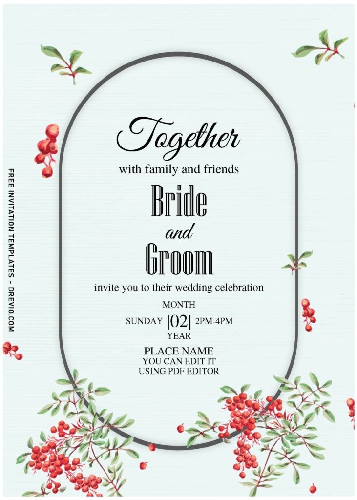 (Free Editable PDF) Whimsical Coralberry And Baby's Breath Wedding Invitation Templates with white marble background