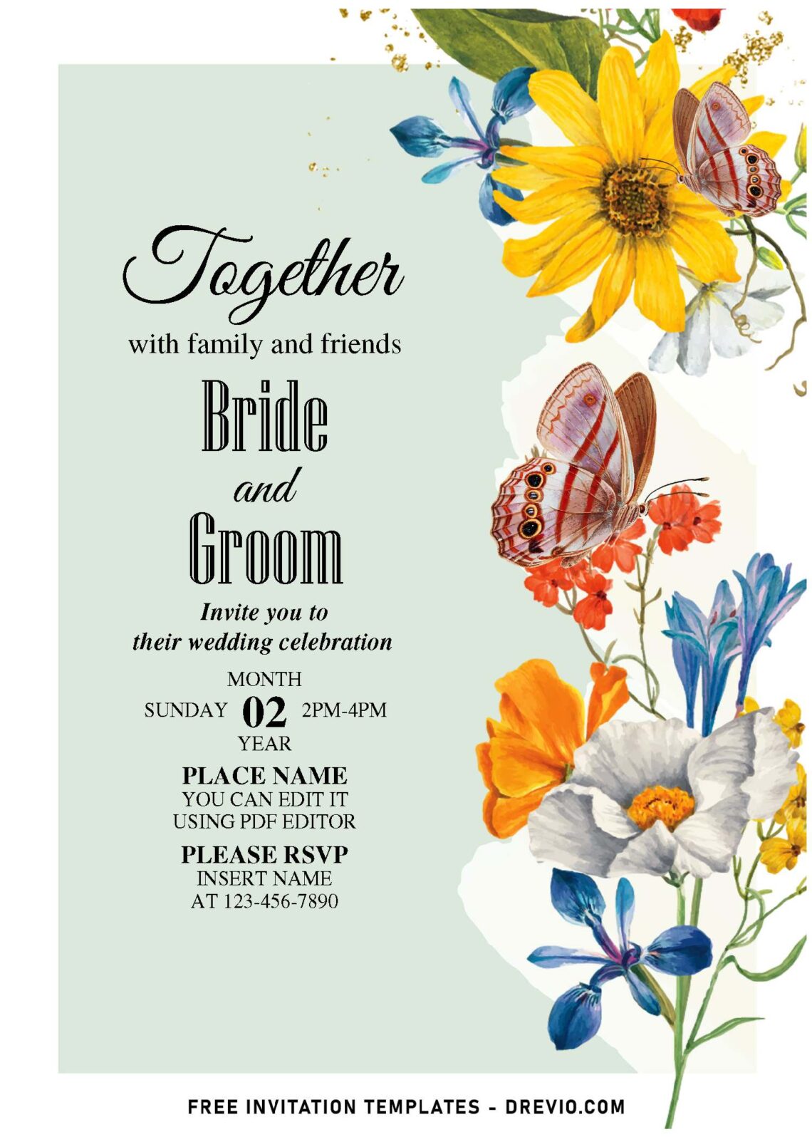 (Free Editable PDF) Heavenly Stunning Colorful Flowers Wedding Invitation Templates with bright yellow sunflower