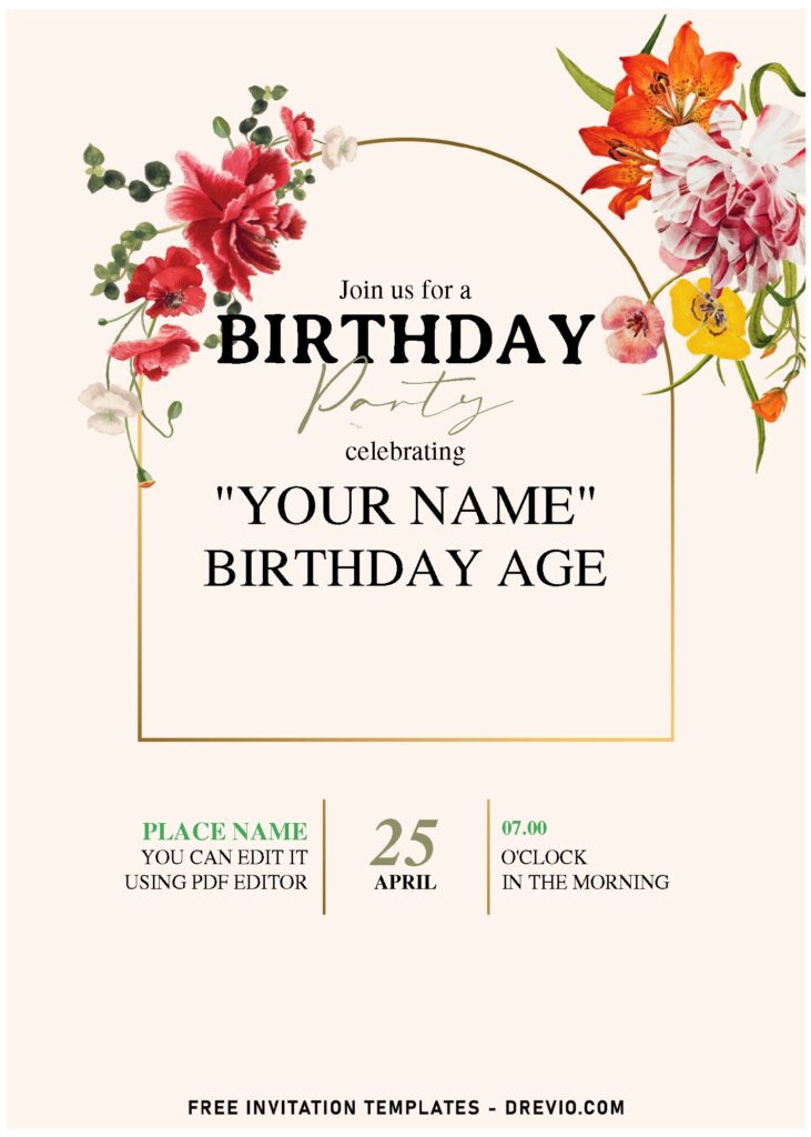 (Free Editable PDF) Dreamy Spring Flower Arch Birthday Invitation Templates with blue anemone