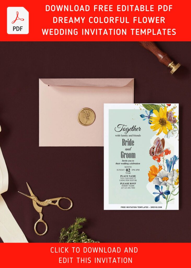 (Free Editable PDF) Heavenly Stunning Colorful Flowers Wedding Invitation Templates with portrait orientation design