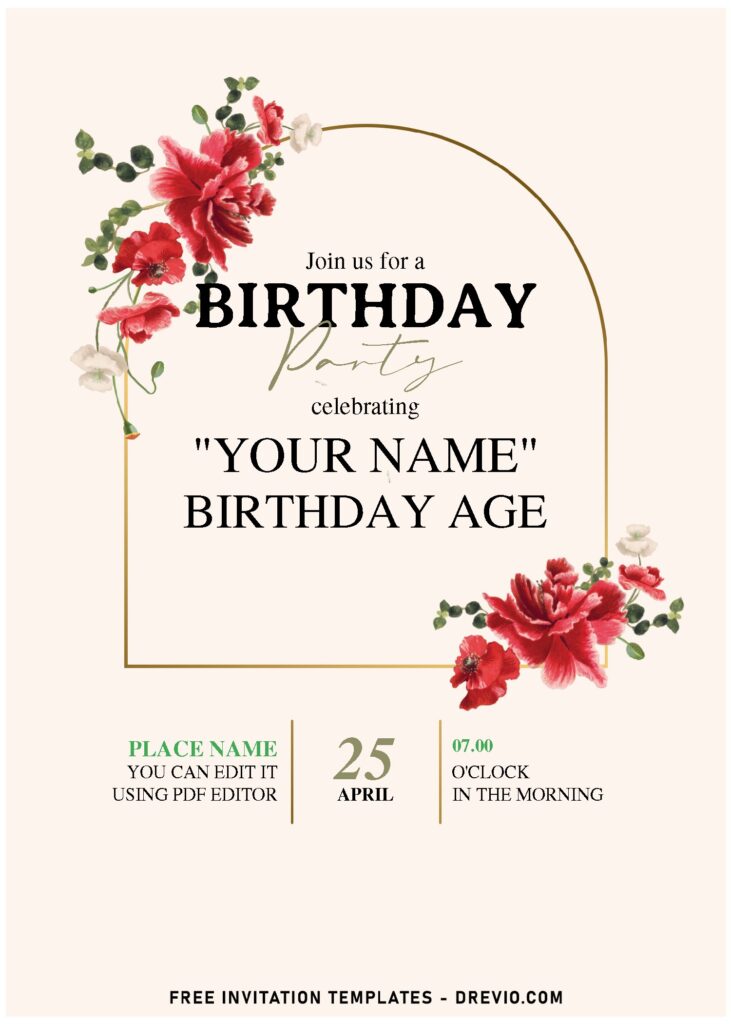 (Free Editable PDF) Dreamy Spring Flower Arch Birthday Invitation Templates with red peonies
