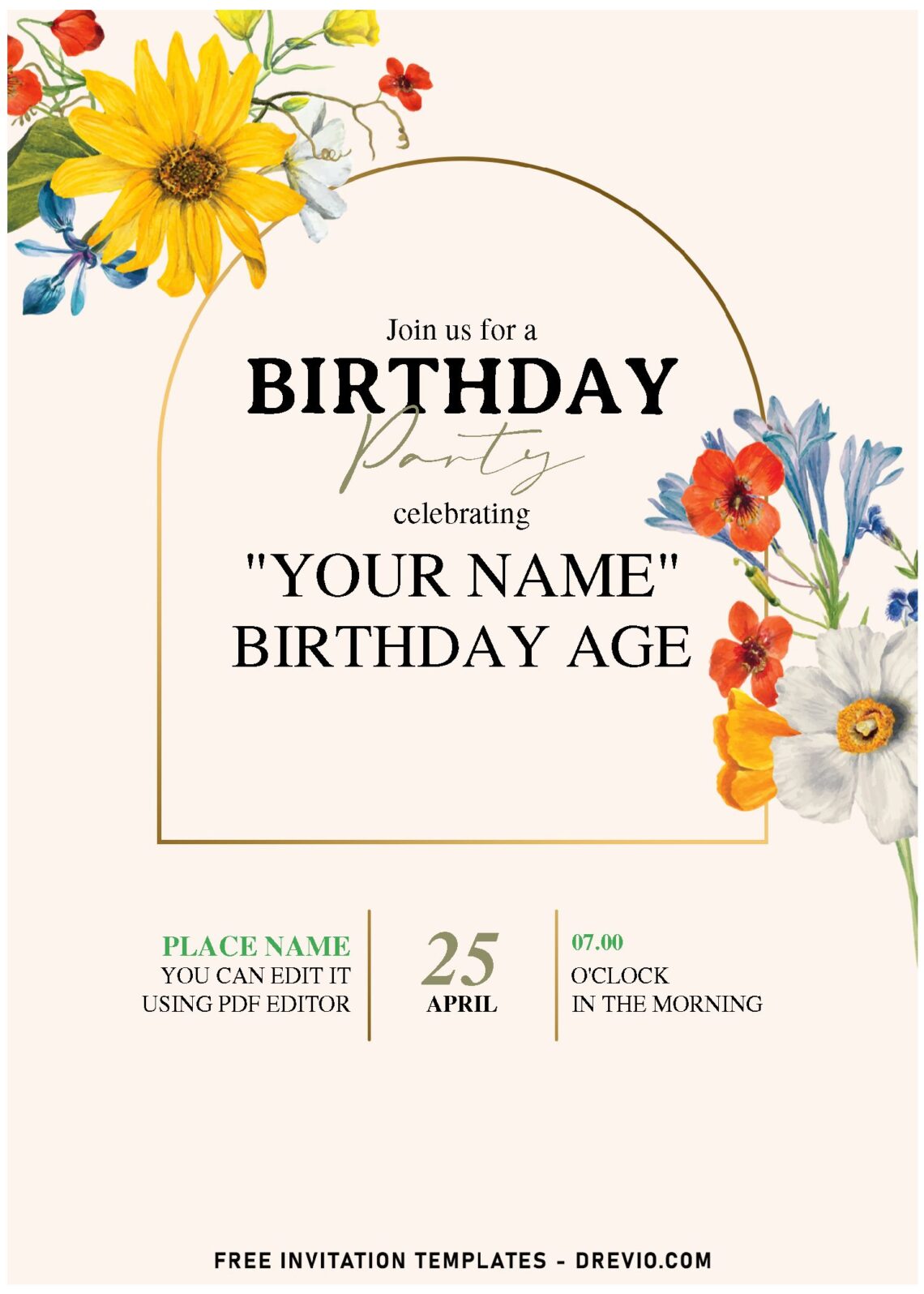 (Free Editable PDF) Dreamy Spring Flower Arch Birthday Invitation Templates with elegant script