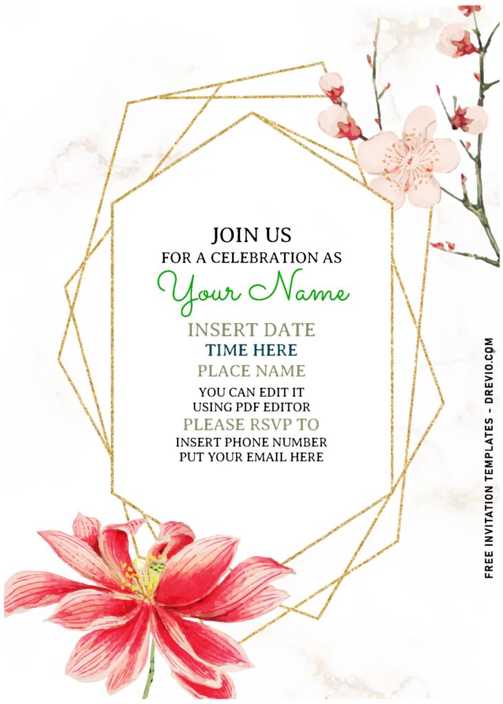 (Free Editable PDF) Striking Gold Geometric & Floral Invitation Templates For Spring Affairs with elegant script