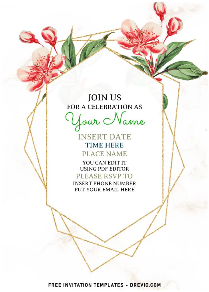 (Free Editable PDF) Striking Gold Geometric & Floral Invitation Templates For Spring Affairs with pristine white canvas background