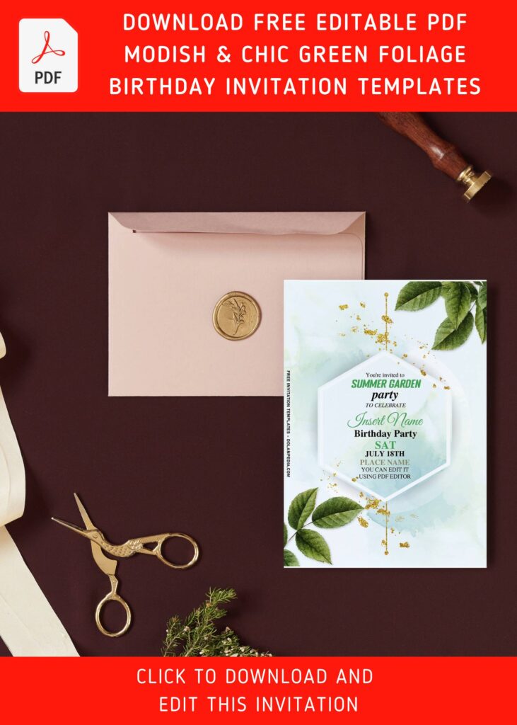 (Free Editable PDF) Modish And Chic Green Foliage Birthday Invitation Templates with aesthetic gold glitter frame